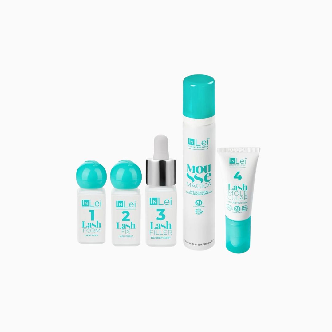 InLei® סט חומרים מלא להרמת ריסים – Form 1, Fix 2, Filler 3, שמפו ריסים ו-Molecular 4