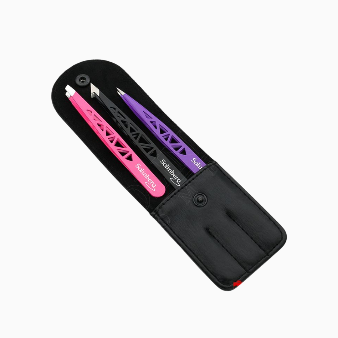 סט פינצטות מקצועיות לגבות Solinberg 003Bcolor בצבע שחור, ורוד וסגול עם נרתיק