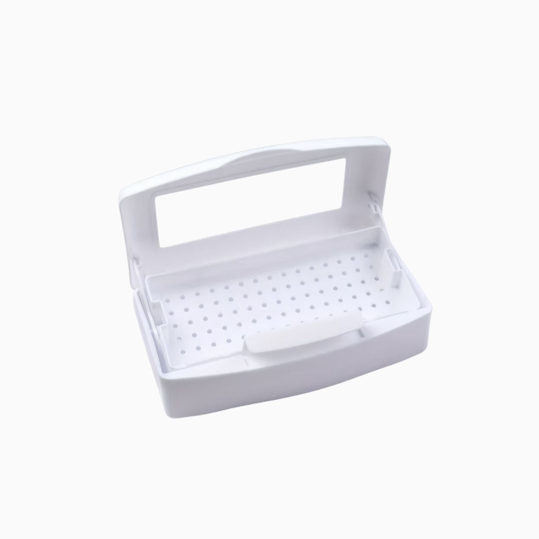 קופסת סטריליזציה לבנה לפינצטות וכלי עבודה מקצועיים